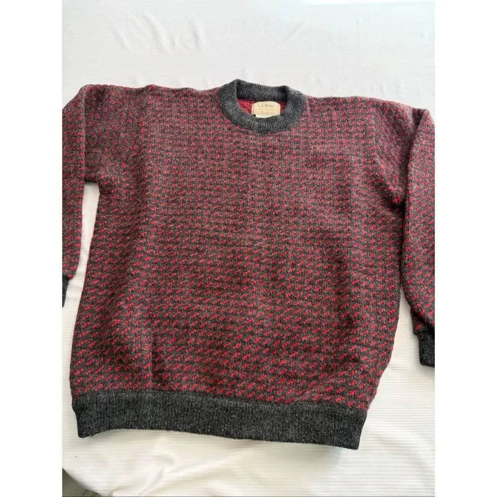 L.L. Bean VTG Wool Birdseye Heart Fisheye Norwegian Knit Sweater Size Tall Large